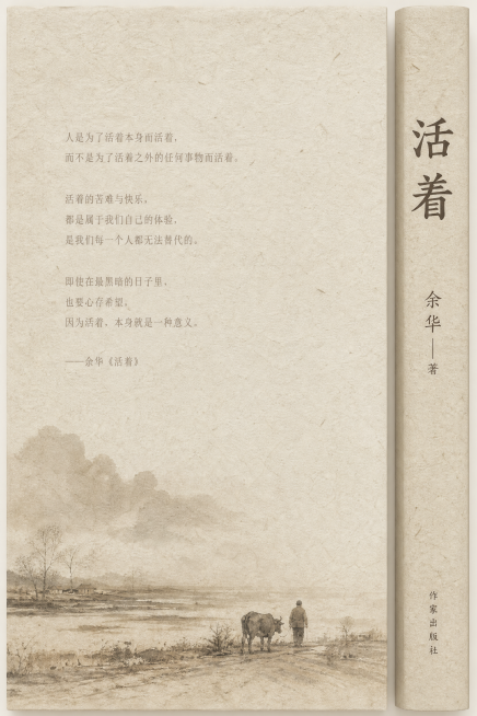 《活着》书籍封底与书脊设计，背景宣纸本白HEX #F5F0E8，封底引文为浅灰褐HEX #B5A898，书脊文字为深灰焦褐HEX #5A4A3A，保持统一褪色土地色彩体系，粗粝温暖旧纸质感，无高饱和度预览效果