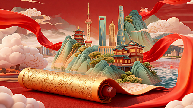 保留上海地标建筑、红色飘带和前景金卷轴，将青绿色山体替换为黄浦江水域景观，拓宽画面横向宽度，整体保持国潮插画风格，红色色调，搭配祥云元素，3D立体，国风美学