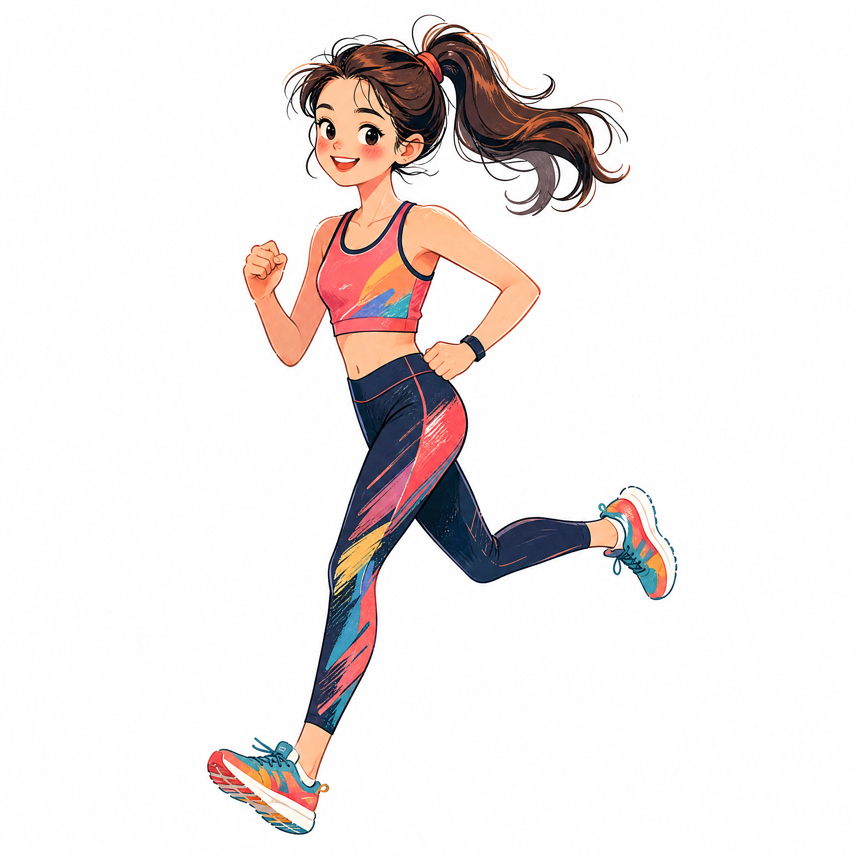 Q版手绘卡通风格年轻女性正在跑步，抽象简约风格，潮流运动穿搭，… - 图片创意预览