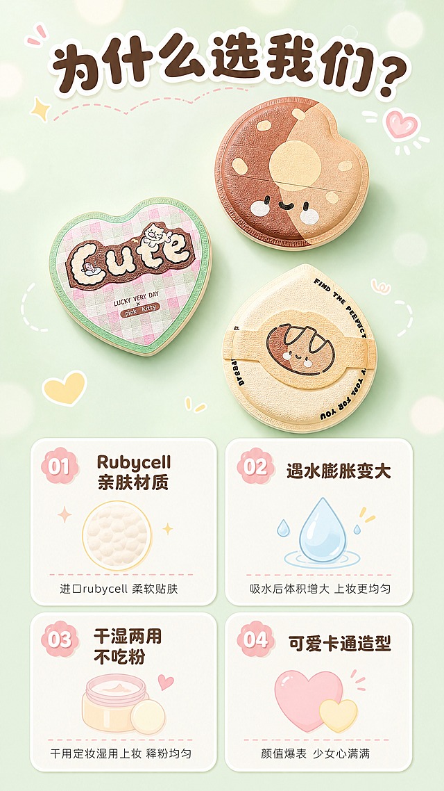 [商品] 使用【图2】三个独立粉扑；保留左爱心形粉扑（粉绿格纹+Cute字样+小猫图案）、右上巧克力心形粉扑（棕咖双色+可爱表情）、右下面包形粉扑（奶黄色+面包小人图案）的形状、颜色、图案、材质；商品处理：保留造型和图案，增强粉扑表面细腻纹理和立体感。
[画面] 目标：4大核心卖点总览页。构图：上半部分三个粉扑错落摆放呈三角形，产品占画面45%；下半部分2×2网格排列4个卖点卡片。背景：薄荷绿纯色底+柔和光斑，卡片为奶白色圆角。阅读动线：顶部标题→中部粉扑→底部四格卖点。
[视觉] 套系策略：风格=甜美少女风商业摄影；标题字=圆润可爱粗体字；正文字=简洁圆润无衬线体；主色=马卡龙粉+薄荷绿；背景延展=基于粉绿做渐变、同色系深浅层级、柔和光斑和可爱装饰元素；强调色=奶黄色，仅用于小面积图标、标签和高光点缀；标题色=深棕咖色；正文色=暖灰色；组件=圆角奶白信息卡、虚线引线、可爱图标；光影=顶部柔光灯效，整体明亮通透，产品有柔和投影。
[文字] 顶部主标题"为什么选我们？"，四格卖点：①"Rubycell亲肤材质"配材质图标+"进口rubycell 柔软贴肤"；②"遇水膨胀变大"配水滴图标+"吸水后体积增大 上妆更均匀"；③"干湿两用不吃粉"配粉霜图标+"干用定妆湿用上妆 释粉均匀"；④"可爱卡通造型"配爱心图标+"颜值爆表 少女心满满"。文字横排，字号保证手机端可读。
[规格] 图片比例9:16竖版，4K，避免变形、错字、文字过小、冷蓝背景、粉扑图案错乱。