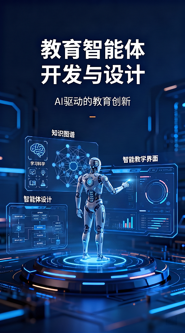 图生图：将原图中圆台上的立体图形替换为一个智能体机器人，机器人呈站立姿态，用手指正准备点击前方屏幕；删除三块屏幕上的所有文字内容；保持整体科技蓝风格、AI主题氛围与原构图一致