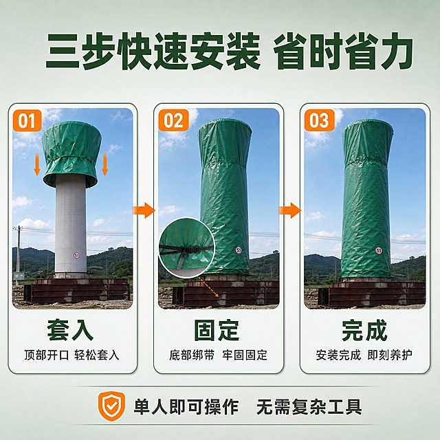 [主图-4] 绿色桥墩养护罩施工安装步骤图 展示使用方便的特点。
[统一基调] 整体风格为专业工程建材风 背景采用浅灰绿色渐变 主标题字色为深绿色 辅助字色为深灰色 强调色为橙色 字体为粗黑体 字号层级分明 卡片采用细边框圆角样式 整体干净稳定 突出源头工厂感。
[画面] 顶部大标题写 三步快速安装 省时省力 下方横向排列三个步骤图 每步都是圆角卡片样式 第一步 套入 展示养护罩从桥墩顶部往下套的示意图 配文字 顶部开口 轻松套入 第二步 固定 展示底部绑带系紧的细节 配文字 底部绑带 牢固固定 第三步 完成 展示完整套好的桥墩养护效果 配文字 安装完成 即刻养护 三步之间用橙色箭头连接 底部补充说明 单人即可操作 无需复杂工具。
[光影质感] 商业摄影质感 每个步骤图内光影统一自然 养护罩形态准确 步骤卡片有轻微阴影 层次分明。
[配色] 背景浅灰绿 步骤卡片白底深绿边 箭头橙色 养护罩绿色 文字深绿色和深灰色搭配。
[文字版式] 顶部大标题粗黑体居中 每步卡片下方配步骤说明 底部补充文字小号黑体 整体布局均衡。
[输出要求] 1:1正方形 2048x2048像素 文字清晰 产品清晰 无变形 无错字 无模糊 无杂乱 无水印 无平台Logo 禁止出现人物面部。