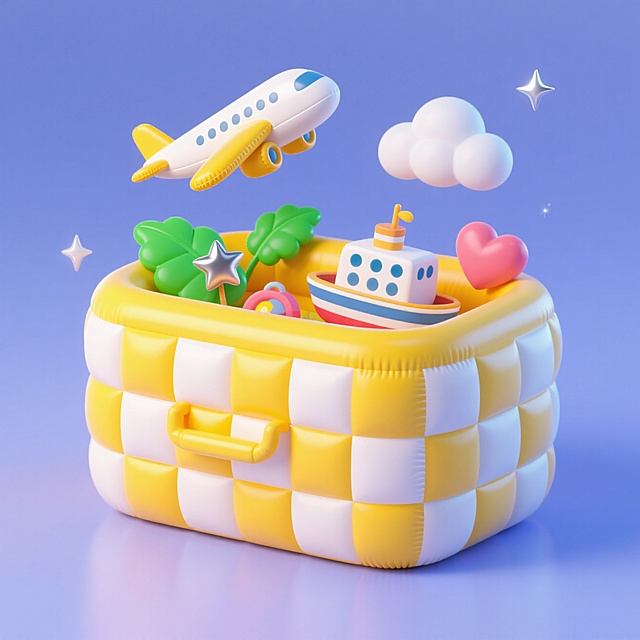 黄白相间的格子收纳箱里装着一些的玩具：大元素：飞机、船；小元素：白云、绿叶、银色星星，桃心；蓝白渐变背景