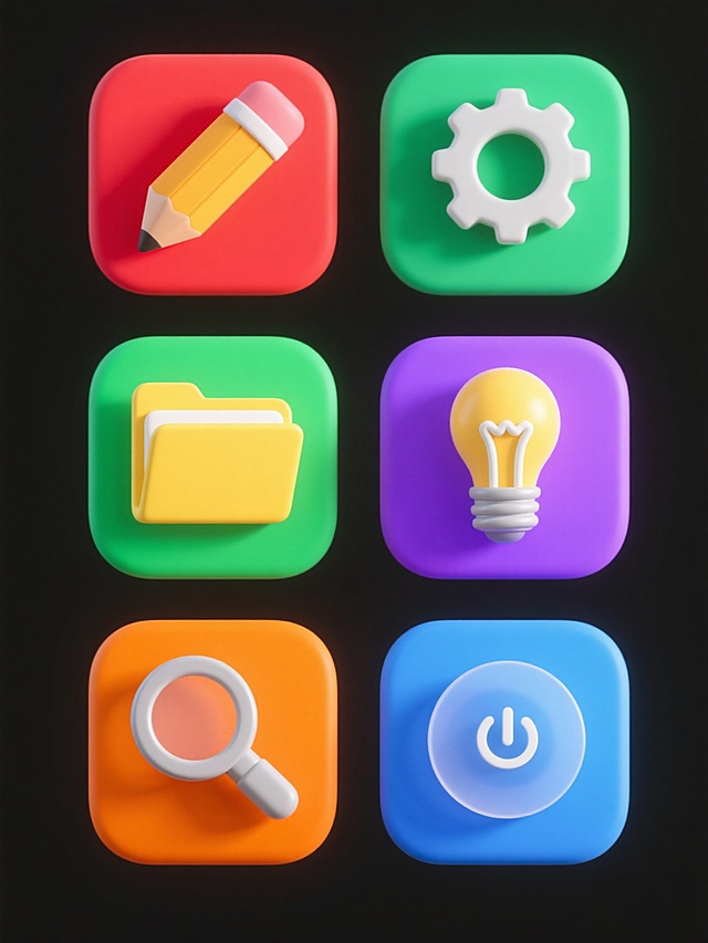 一系列6个不同工具类别的3D立体图标，保持原有的圆角矩形底座、半透明叠加层、鲜明纯色填充和微妙高光阴影的现代简约风格，每个图标分别代表不同的工具元素（如铅笔、齿轮、文件夹、灯泡、放大镜、设置按钮），整体色彩变换为6种不同的明快纯色（如红色、绿色、黄色、紫色、橙色、青色），每个图标都有独立的纯色背景，所有图标规整地以2x3网格排布，保持一致的大小、视角和设计语言，确保整体视觉统一性和系列感。