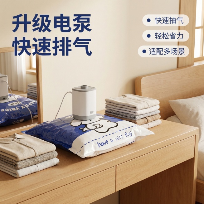 [主图 4] 升级电泵功能展示
[氛围/风格] 日式简约，温馨家居使用场景
[画面元素] 在干净的卧室梳妆台上，展示升级电泵搭配真空收纳袋使用，电泵正在插入抽气口工作，周围摆放叠好的衣物，保留收纳袋原预览效果