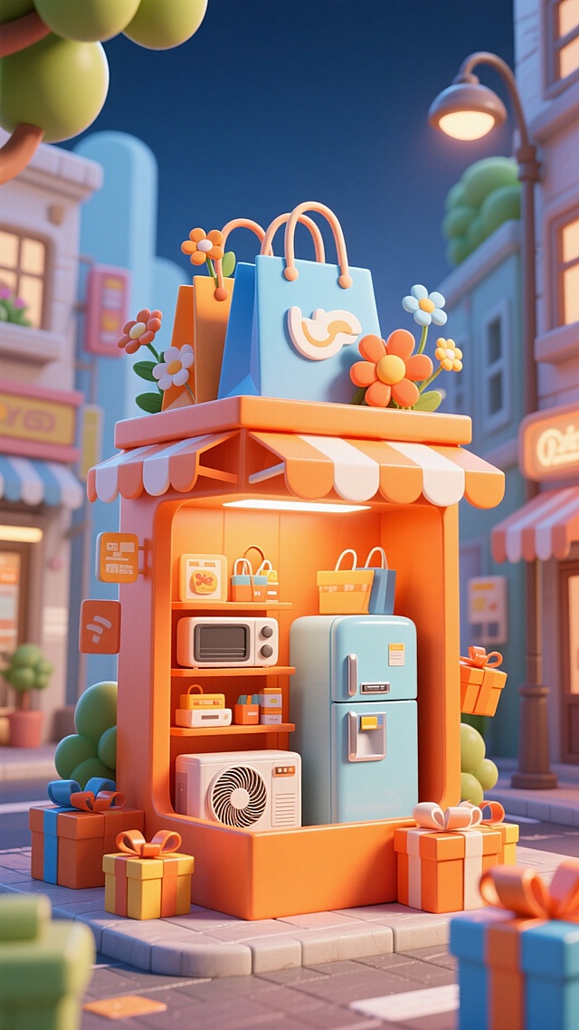 橙色礼盒内部是家电店铺（冰箱、空调等家电产品）。购物袋顶部有购物袋和花朵。周围点缀礼盒，街道背景