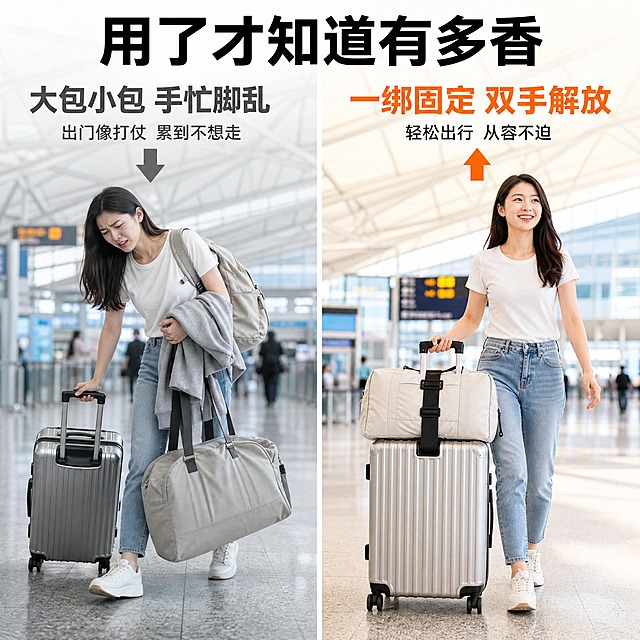 [主图-5] 前后对比图 使用前vs使用后 双手解放效果对比
[统一基调] 出行旅行风 机场街拍感 干净专业电商展示风 明亮通透浅色背景 黑色织带+金属卡扣突出质感 拼多多风格大字直白 标题粗黑大字醒目 辅助文字缩小 整体清爽高级
[画面] 左右分屏强烈对比构图 机场航站楼出发层虚化背景 中间白色竖线分隔 同一位亚洲年轻女性旅行者 同样的白色T恤+牛仔裤+小白鞋穿搭 左侧Before画面 女子左手拉着24寸大行李箱 右手提着一个大包 腋下还夹着外套和背包 眉头紧皱 表情吃力 身体前倾 脚步匆忙 手忙脚乱 行李多而杂乱 右侧After画面 同一个女子 同样位置和角度 小行李箱用黑色固定绑带稳稳叠放在大行李箱顶部 绑带两端套在拉杆上 卡扣居中锁紧 她只用右手单手握拉杆轻松推行 左手自然摆动 面带微笑 从容自信 绑带产品为黑色织带+黑色卡扣+弹力皮筋 与参考图结构一致 左右画面人物完全同一人 形成强烈对比
[光影质感] 高清真人场景摄影质感 自然光从上方天窗洒下 人物与行李箱自然融入机场环境 地面阴影真实 左侧画面色调偏冷偏灰 右侧画面明亮温暖 突出使用前后心情差异
[配色] 背景机场浅灰蓝色调 左侧整体冷灰压抑 右侧明亮温暖 产品黑色 左侧标题灰色 右侧标题橙色 对比强烈
[文字版式] 顶部居中大标题"用了才知道有多香" 左侧上方灰色大字"大包小包 手忙脚乱" 下方灰色小字"出门像打仗 累到不想走" 配灰色向下箭头 右侧上方橙色大字"一绑固定 双手解放" 下方黑色小字"轻松出行 从容不迫" 配橙色向上箭头 文字醒目 不遮挡人物主体
[输出要求] 1:1正方形 2048px 文字清晰可读 人物自然同一人 禁止面部畸形扭曲 禁止手指异常多余 禁止错字 禁止水印 禁止平台Logo