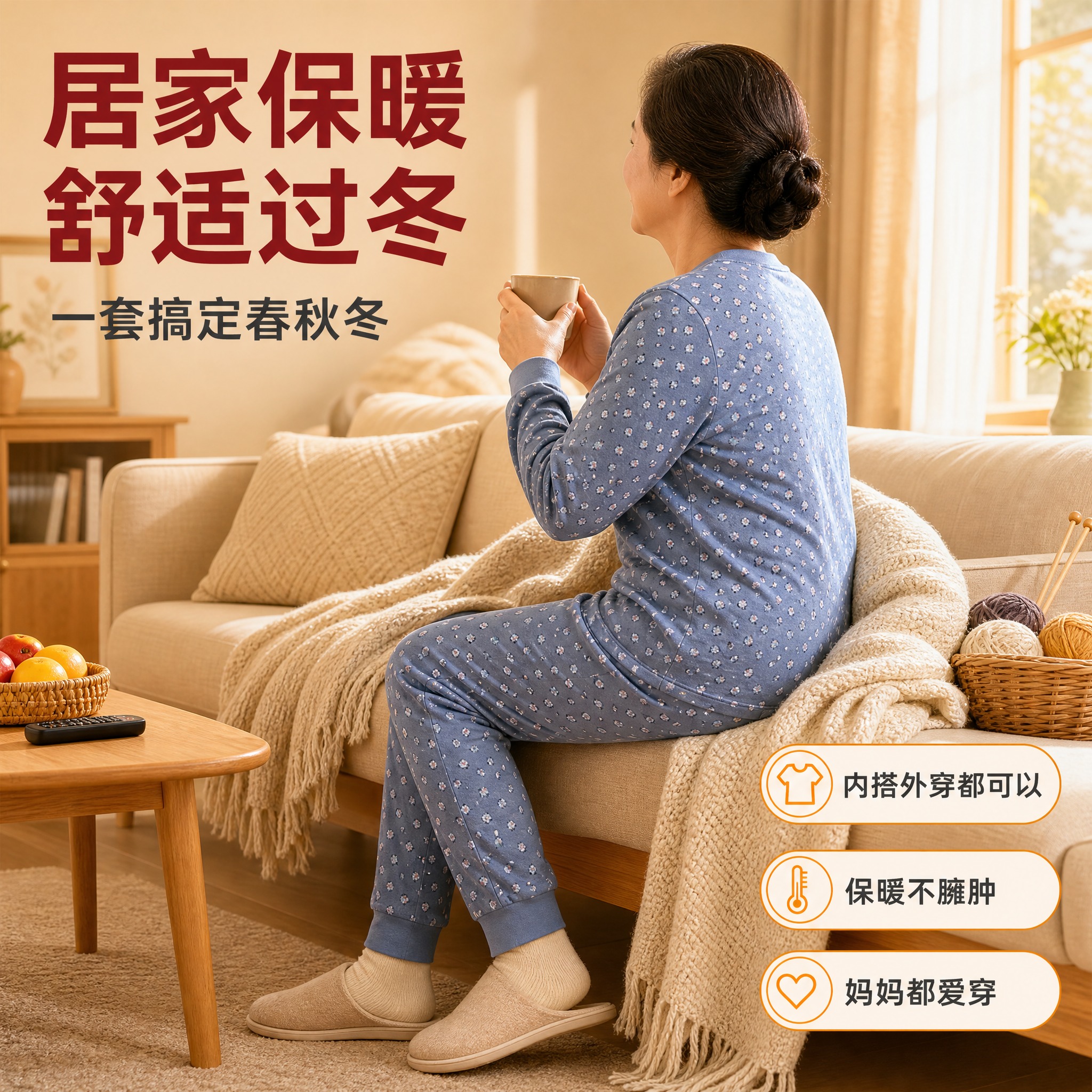 [主图-6] 中老年纯棉套头秋衣套装 蓝色碎花款 居家穿着场景… - 图片创意预览