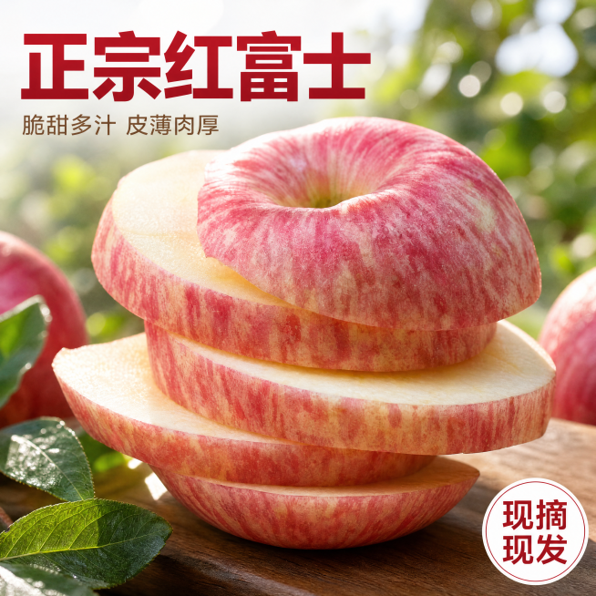 [主图-1] 正宗红富士纸加膜苹果点击率首图，突出食欲和新鲜度
[氛围风格] 自然果园风，新鲜诱人食欲感
[画质] 商业摄影质感，光线柔和通透，产品清晰真实，画面干净高级
[元素] 叠放的切片红富士苹预览效果