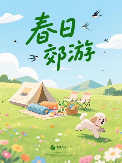 “春日郊游”海报，扁平插画元素，露营，草地，奔跑小狗，噪点质感，撞色搭配预览效果