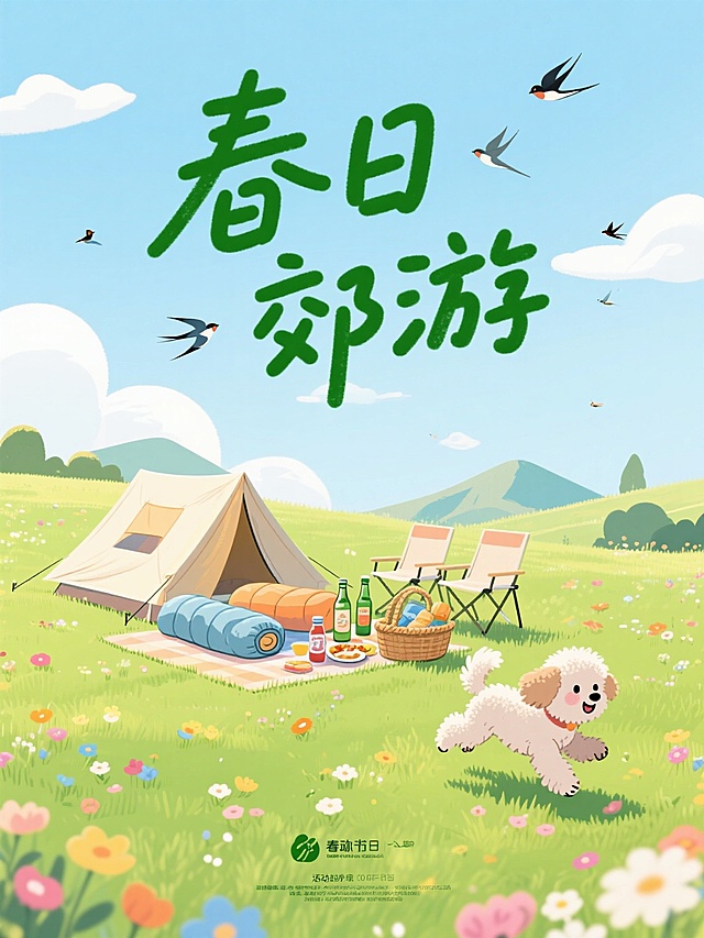春日郊游，清新插画风，拟人小狗欢跃，营造轻松愉悦氛围。