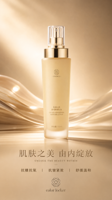 结尾定格：镜头定格在乳液产品正面，瓶身完整呈现，下方浮现核心slogan与功效关键词：抗糖抗氧、抗皱紧致、舒缓温和，品牌logo放大，整体暖香槟金色调，画面干净高级，社论设计感预览效果