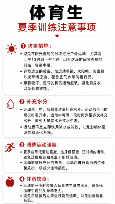 将提供的五张图片内容整合为一张适合朋友圈发布的竖版海报，顶部为大标题"体育生 夏季训练注意事项"，下方依次排版四个注意事项：1防暑措施、2补充水分、3调整运动强度、4注意饮食，保持所有文字清晰完整，排预览效果