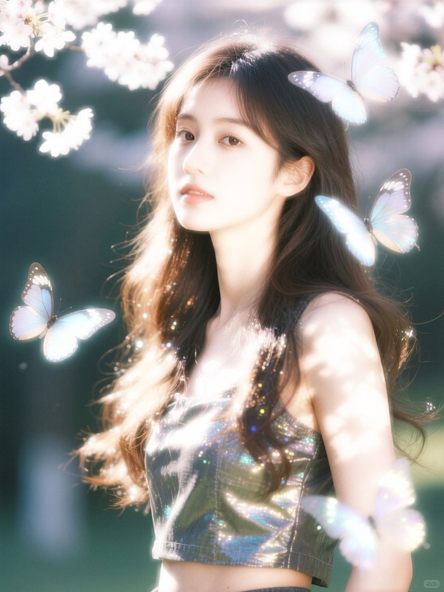 魔法咒语，春日少女，花影蝴蝶，蝴蝶闪闪发光，阳光透过发丝形成光影。头发闪闪发光，奶油肌，肌肤发亮发光，特写