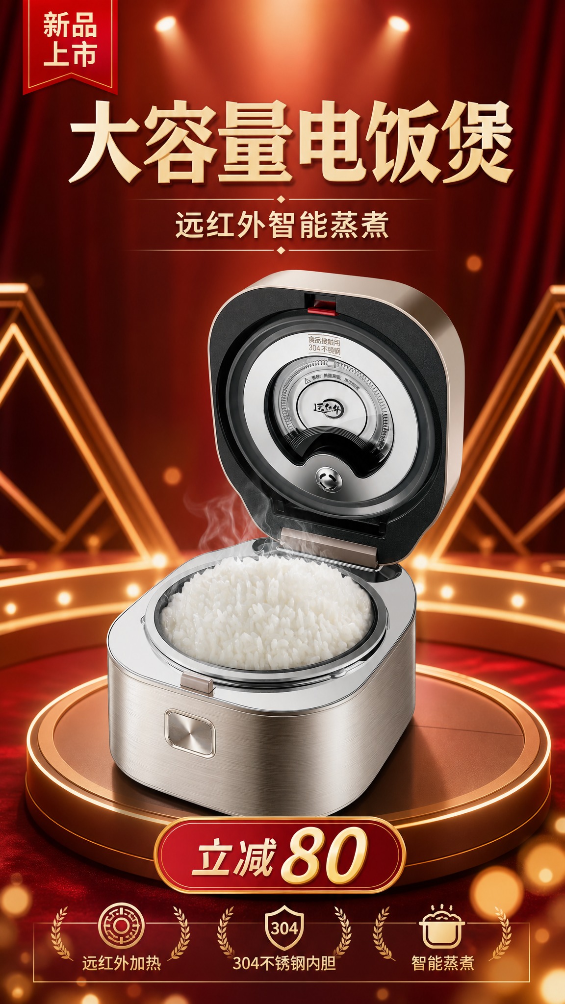 将上传的电饭煲商品图制作成 9:16 竖版商品营销海报，写实商… - 图片创意预览