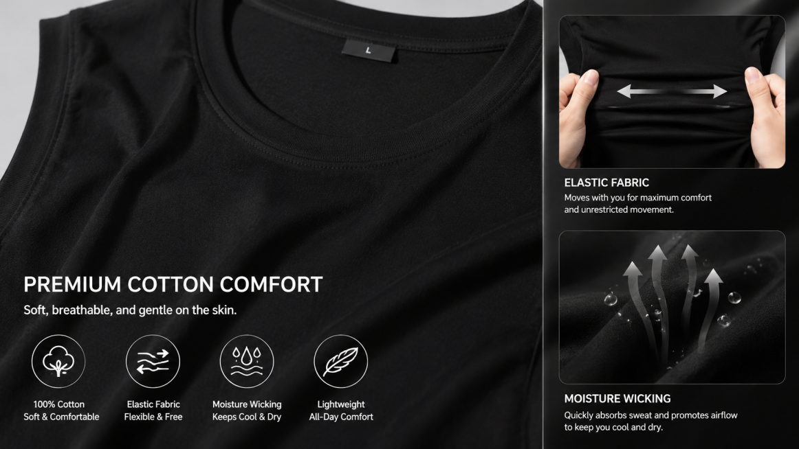 Close-up detail shot of the black cotton men's tank top, showing the soft and comfortable cotton fab预览效果