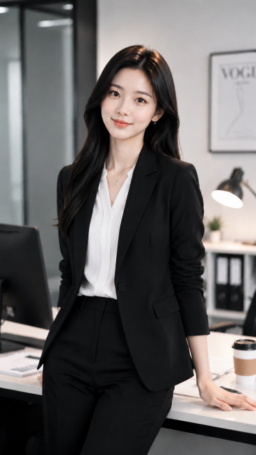 为模特进行打光处理，光感真实自然，保留原有商务办公场景与人物造型预览效果