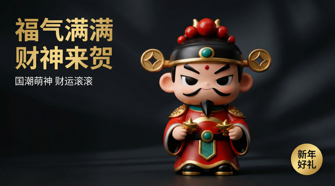 [主图 1 首图展示]
主图主题：国潮财神潮玩手办
氛围风格：神秘深邃氛围感，高级潮玩手办质感，偏暗神秘背景突出产品主体
画面元素：Q版红金财神手办正面主体位于画面中心，主体占比约60%，背景为深色渐预览效果