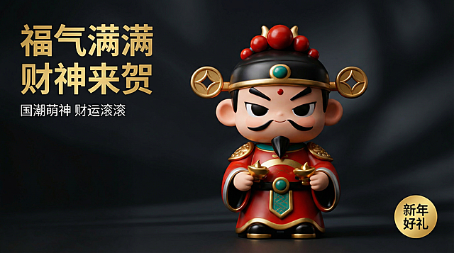 [主图 1 首图展示]
主图主题：国潮财神潮玩手办
氛围风格：神秘深邃氛围感，高级潮玩手办质感，偏暗神秘背景突出产品主体
画面元素：Q版红金财神手办正面主体位于画面中心，主体占比约60%，背景为深色渐变神秘感背景，暗调光影烘托氛围，展示手办完整正面造型，保留原图所有产品细节，产品外观和原图100%一致
配色色系：主色调产品红黑金配色，背景深灰暗调，对比强烈突出主体
视角构图：居中平视，景深适中，背景全屏无边框
文字版式：主标题 "福气满满 财神来贺"，金色粗体无衬线字体悬浮于画面左上角，副标题 "国潮萌神 财运滚滚" 白色小号字体在主标题下方，右下角金色圆形标签 "新年好礼"，所有文字不遮挡主体，整体平衡有呼吸感
比例分辨率：1:1比例，2K分辨率