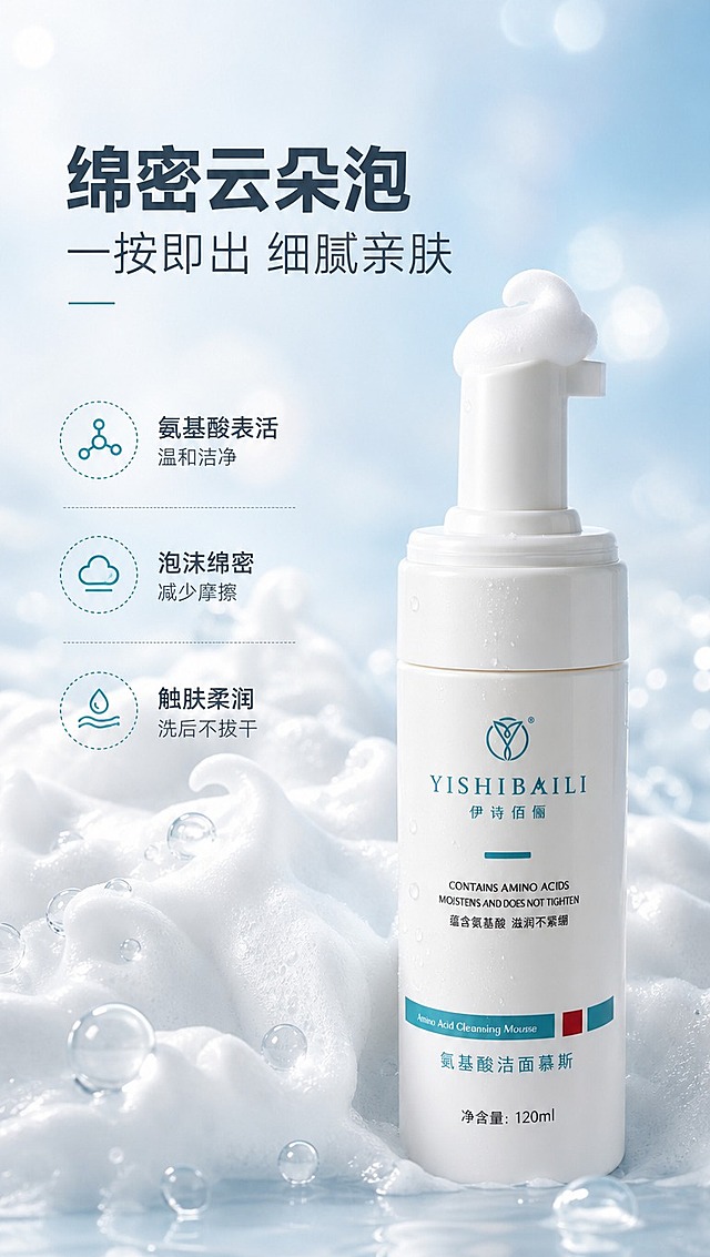[商品] 使用【图1】伊诗佰俪氨基酸洁面慕斯白色按压泵瓶；保留瓶身所有结构、颜色、Logo和文字；产品略微侧转，泵头朝上按压出泡沫的动态感。
[画面] 页面目标：展示绵密泡沫质地与使用肤感。构图：产品位于画面右侧偏下，占画面约40%；左侧大面积铺满细腻绵密的白色洁面泡沫特写，泡沫如奶油般立体蓬松，带细微水珠光泽；前景泡沫堆中有少量透明水珠，背景浅蓝渐变带柔和光斑。
[视觉] 套系策略：风格=清透水润高级商业摄影风；标题字=现代简约无衬线粗体；正文字=纤细无衬线体；主色=浅冰蓝+纯白；背景延展=基于浅冰蓝做深浅渐变、水波纹质感、云雾层次延展；强调色=湖蓝色，仅用于小面积图标下划线、标签、引线和点缀光效；标题色=深炭灰蓝；正文色=中灰蓝；组件=圆形虚线边框icon、细横线分隔、圆角半透明白底信息卡；光影=左前侧柔和自然光，泡沫有通透光泽感，整体明亮干净。
[文字] 左上主标题「绵密云朵泡」，副标题「一按即出 细腻亲肤」；左侧泡沫区域配3条短卖点：「氨基酸表活 温和洁净」「泡沫绵密 减少摩擦」「触肤柔润 洗后不拔干」；文字横排左对齐，不遮挡产品主体。
[规格] 图片比例9:16竖版，4K分辨率，淘宝/天猫详情页适配；负向提示：避免变形、错字、文字过小、产品颜色改变、瓶身文字错乱、竖排文字、绝对化用语。