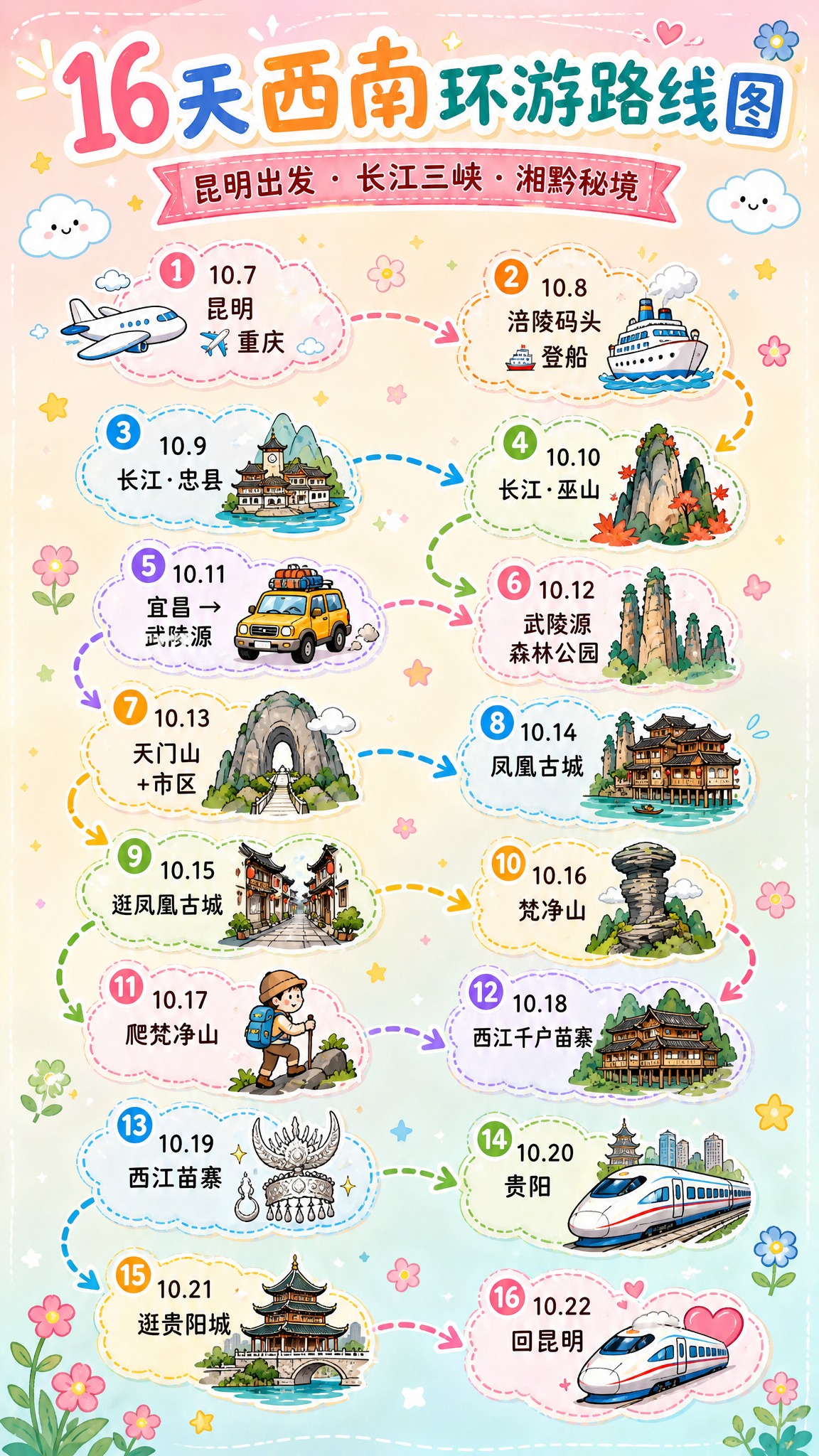 一张可爱手绘风格的16天西南环游路线图海报，竖版9:16比例。… - 图片创意预览