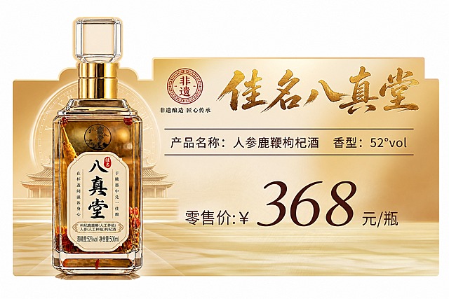 基于图1的异形价格标签版式进行修改重绘：1) 左侧产品主体替换为图2的八真堂人参鹿鞭枸杞酒（透明方瓶、水晶方盖、金色瓶盖底座、琥珀色酒体、瓶内可见药材、米白色标签印有八真堂字样），瓶型与标签和图2完全一致，标签文字清晰锐利，瓶子略微探出标签上沿，与原图构图一致；2) 零售价更改为“零售价:¥ 368 元/瓶”，数字精确为368；3) 顶部区域：左侧红色印章logo替换为非遗圆形印章logo（红色传统篆刻风格，内有“非遗”字样），右侧大字替换为金色毛笔笔触书法字“佳名八真堂”，烫金质感，笔锋大气；logo下方小字替换为“非遗酿造 匠心传承”；4) 中间产品信息行：“产品名称：人参鹿鞭枸杞酒 香型：52°vol”，文字精确；5) 保留原图的暖金色渐变背景、古建筑线条装饰、底部水纹倒影等元素与整体风格；6) 横版异形标签构图，高清精致，文字清晰锐利，适合印刷使用。