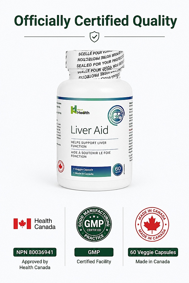 [第3屏] Certification guarantee page - display official certifications of Key of Health Liver Aid.  
[氛围/风格] Trustworthy authoritative style, clean background, focus on displaying certification logos and information.  
[元素布局] Upper part place the complete product bottle [image1], accounting for about 40% of the screen, centered arrangement, product shape color consistent with original image. Lower part evenly arrange three certification sections: NPN certification from Health Canada, GMP manufacturing certification, Made in Canada, each certification with logo area and text description.  
[光影质感] Uniform soft lighting, each certification area clear, product outline clear, texture natural.  
[配色色系] Global background color #f5f8fa, main color dark green, auxiliary color red from Canada logo, neutral with white and gray, keep the whole clean.  
[视角构图] Upper product, lower certification information, vertical center layout, hierarchical clear.  
[文字版式] Top title "Officially Certified Quality", lower three certifications: 1. "NPN 80036941
Approved by Health Canada", 2. "GMP Certified Facility", 3. "60 Veggie Capsules
Made in Canada", each certification text center aligned, font moderate, clear recognizable.  
[比例分辨率] 9:16 vertical proportion, 4K resolution, clear text, high definition quality.  
[负向提示词] product deformation, logo distortion, text confusion, blurry product, wrong certification number, watermark, Chinese characters, false authorization.