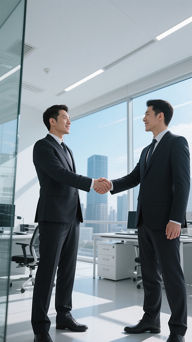 两位身着正式西装的商务人士在明亮的现代化办公室内紧紧握手，保持着画面中心的经典握手姿势，手部特写清晰突出，姿态自然有力。背景是干净整洁的办公环境，可见办公桌、电脑、文件柜等办公元素，窗外是晴朗天空下的城市商务楼远景，整体采用与原图一致的写实风格，主色调为蓝灰色调与白色相结合，光线明亮柔和，带有轻微的玻璃反光质感，营造出专业、信任且充满合作氛围的商务工作场景。
