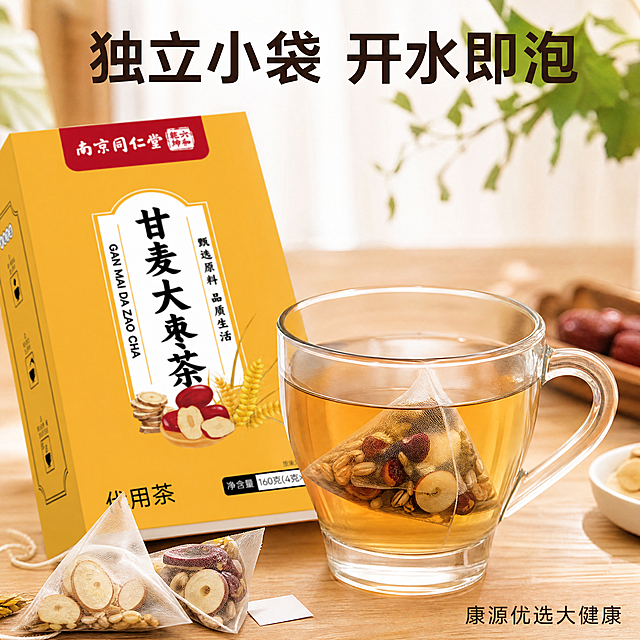 [主图4] 甘麦大枣茶冲泡细节副图；氛围：干净清新茶饮冲泡场景；画质：特写高清商业摄影，茶汤通透，细节清晰；元素：原木桌面布景，透明玻璃杯中冲泡浅棕透亮茶汤，拆开的独立三角茶包散落在杯边，甘麦大枣茶产品盒斜靠在一侧，保持产品包装盒外观与输入产品图绝对一致，杜绝变形色差；画面顶部添加加粗大字"独立小袋 开水即泡"，特写突出通透干净无杂质的茶汤，右下角添加小字"康源优选大健康"；商品主体占比合理，细节突出；光影：柔和自然光，突出茶汤通透质感，茶包纹理清晰；配色：原木浅色调为主，茶汤浅棕色，深色文字清晰对比；视角构图：平视特写构图，茶汤和茶包为焦点，产品盒作背景衬托；文字版式：顶部"独立小袋 开水即泡"加粗大字居中，"康源优选大健康"放右下角，文字清晰不遮挡茶汤细节；比例分辨率：1:1比例，800×800px，4K分辨率；单张图片大小500KB~1.3MB；负向提示词：禁止医疗功效词，变形，水印，文字错乱，背景杂乱，养心安神治病调理功效词。
