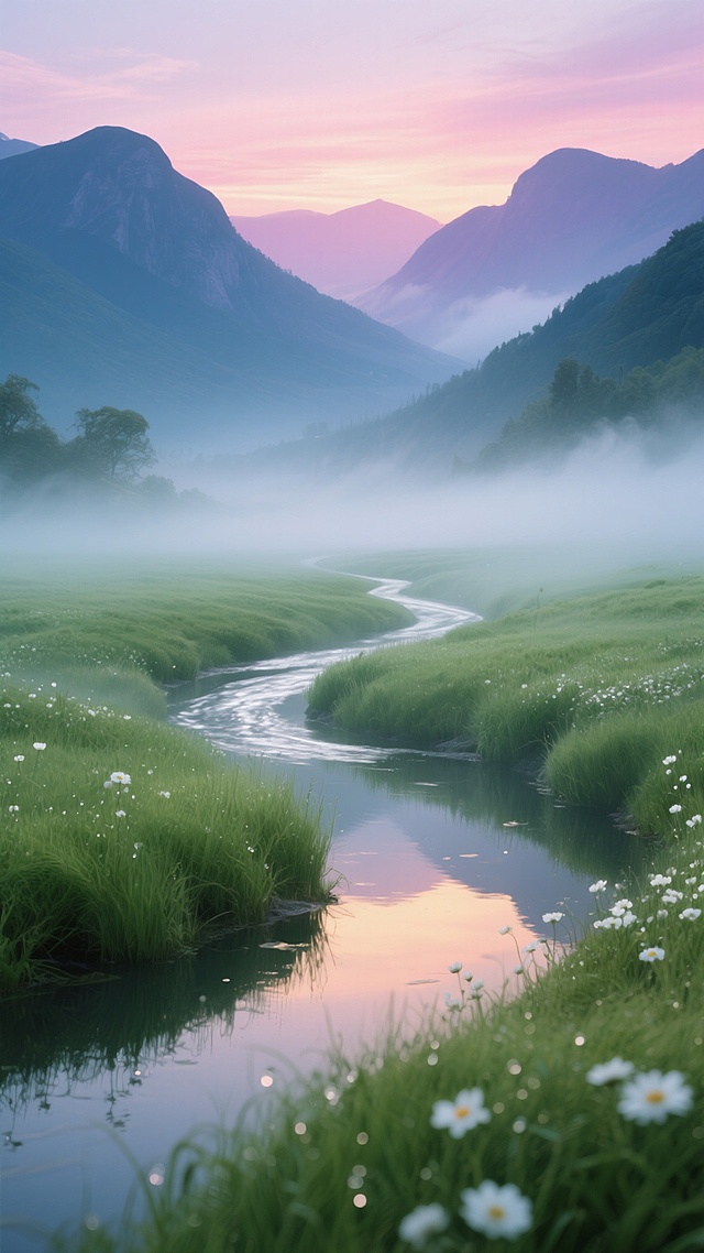 全景镜头，晨曦微露时分的山谷秘境，薄雾如轻纱般在翡翠色的草甸上流动，蜿蜒的银色溪流如时间的脉络穿行其间，两岸点缀着露珠闪烁的白色小花，远处靛青色的山峦轮廓在紫粉色的朝霞中若隐若现，水面倒影与实景交织成梦幻的双重世界，空气中弥漫着湿润的草木气息，光线柔和得如同被滤过一般，细节丰富的3D渲染质感中透着水彩画般的诗意朦胧，整体色调呈现出青绿色与玫瑰金的渐变融合，营造出神秘而又充满希望的黎明之境。