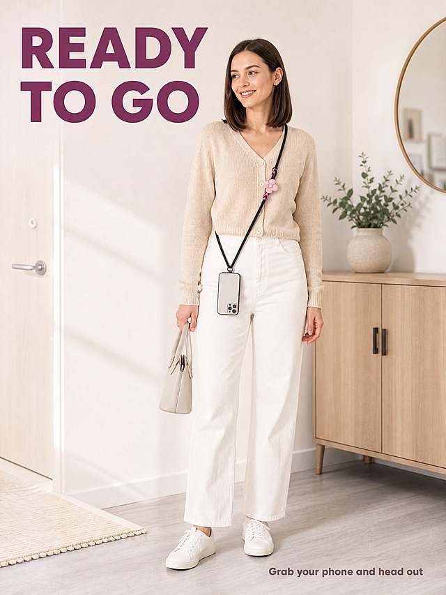 [主图-6] Beaded Crossbody Phone Lanyard with Pink Flower Charm — Black Hands-Free Phone Strap with Slip-In Case Patch 使用完成状态图。唯一任务：展示出门前装备已挂好的稳定佩戴完成状态，说明一绳在手可双手自由；本图不重复安装步骤与细节微距。
[统一基调] 明亮清爽的柔美生活方式电商信息图；浅粉到白的柔和渐变与干净白／浅灰白底为主；主标题深梅紫，辅助文案中灰玫，强调色玫粉；全套只用一种几何无衬线粗体字，标题最粗最大、辅助文案缩小五成以上且只变字号层级不换字体；组件统一为 12px 圆角白卡配 1px 浅粉描边与 2px 线性图标；光影统一左上柔光、产品右下自然接触阴影。
[画面] 室内玄关真实弱场景，浅色墙面配浅色木质边柜与浅灰地面；同一位欧美成年女性模特全身入镜，28 岁上下，深棕色齐肩直发自然中分，方形脸带柔和下颅线、五官清秀、自然淡妆，上身穿浅杏色细针织开衫、下身穿白色直筒长裤、脚穿白色板鞋；黑色细珠链挂绳斜挎在身前，手机已挂在绳体末端自然垂在腰侧，粉色花挂件位于胸前，双手自然放松、一只手提着一个小巧的浅色手提包，姿势松弛不僵硬；产品与身体有真实受力点、遮挡关系和连续垂坠路径，不悬浮不穿模；左上方留白区放主标题 "READY TO GO"，右下方一行中灰辅助文案 "Grab your phone and head out"。
[光影质感] 室内明亮柔和的自然窗光从左前方照入，人物与产品有真实落地阴影，珠链颗粒与花挂件质感自然，肤色干净通透。
[配色] 浅米白与浅灰为主的环境色；深梅紫标题、中灰玫辅助文案；玫粉集中在产品挂件上。
[文字版式] 沿用统一几何无衬线粗体；主标题最粗最大且全大写，辅助文案缩小五成以上；横排放于负空间，不遮挡人物面部与产品。
[输出要求] 比例 3:4（1536×2048）；负向：多人、多余手指、畸形手、肢体穿模、面部扭曲、产品变形、悬挂受力不成立、中文文字、错字、水印、平台 Logo。