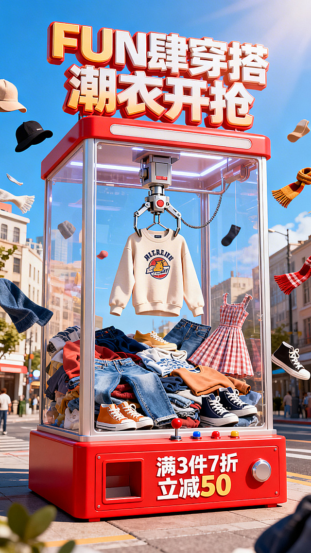 商促销海报，3D卡通写实风格，明亮高饱和色调，主体是巨型抓娃娃机，内部堆满各种风格的潮流服饰（卫衣、牛仔裤、连衣裙、运动鞋），抓娃娃机的机械爪正抓起一件潮牌卫衣，背景是晴朗蓝天的城市街景，画面有动态飞散的服饰配饰（帽子、围巾），上方有立体艺术字“FUN肆穿搭 潮衣开抢”，抓娃娃机底座红色箱体标注“满3件7折 立减50”，光影通透，细节丰富，电商视觉，8K，高清