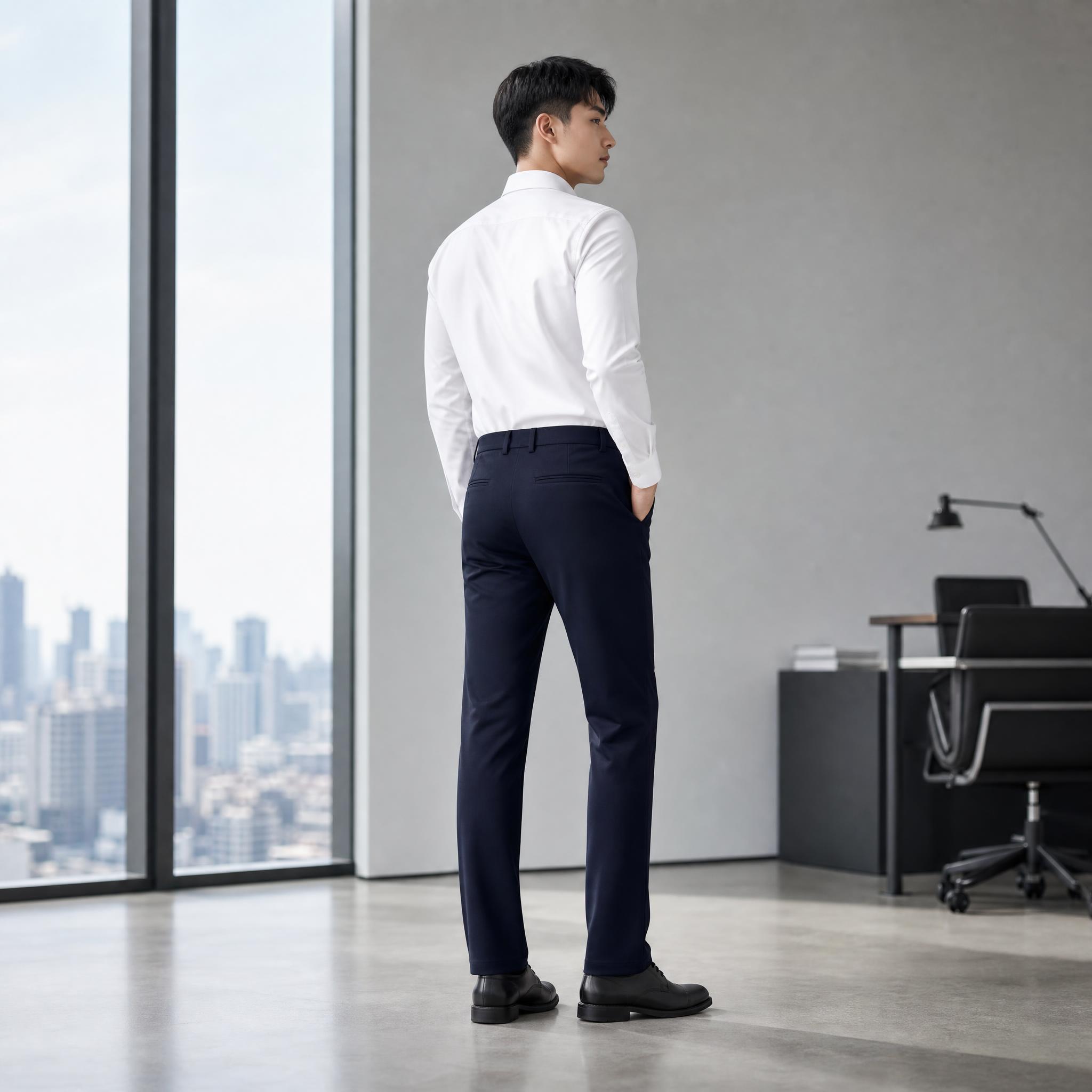 [主图-3] 男士藏青色商务休闲直筒西裤背面模特穿搭展示，突出… - 图片创意预览