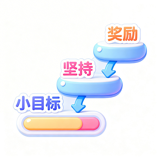 卡通风格阶梯状进度条标志设计，三级圆润阶梯从低到高递增，每个阶梯依次标注文字"小目标""坚持""奖励"，圆润箭头连接每个阶段，可爱圆角设计，明亮清新配色，白色背景，活泼童趣，适合作为成长打卡标志