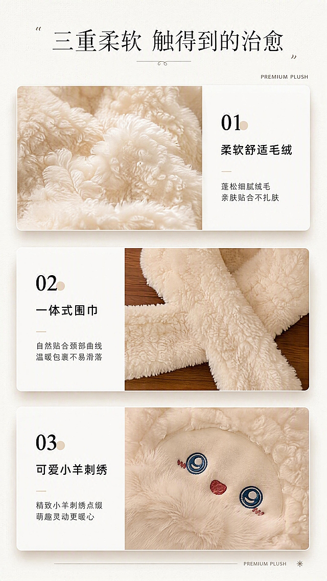 [第4张] 材质解析页·毛绒面料微距质感展示。本张使用【图4】作为材质细节参考。
[氛围/风格] 高级质感风，面料微距特写，柔软触感可视化，简约高级。
[元素布局] 画面分为三个横向卡片模块，从上到下依次排列：①上方卡片左侧为毛绒面料微距特写（蓬松卷曲的羊羔毛质感），右侧为文字说明；②中间卡片左侧文字说明，右侧为围巾部分交叉折叠的面料展示；③下方卡片左侧文字说明，右侧为小羊面部刺绣+毛绒毛边特写；每张卡片有轻微悬浮投影；背景为米白色带细腻纸张纹理。
[光影质感] 侧上方柔和光线，突出毛绒纤维的立体感和蓬松感，每根绒毛清晰可见，阴影柔和。
[配色色系] 全局底色 #FAFAF5（米白）；主色白色卡片+黑色文字；辅助色奶杏、浅棕点缀。
[视角构图] 竖版三段式构图，阅读动线从上至下，每张卡片左右图文交替排列。
[文字版式] 顶部主标题「三重柔软 触得到的治愈」纤细优雅字体；每张卡片左侧：序号「01/02/03」+ 卖点标题「柔软舒适毛绒」「一体式围巾」「可爱小羊刺绣」+ 两行小字说明；文字左对齐，标题加粗，正文轻盈；右下角小号英文「PREMIUM PLUSH」装饰。
[比例分辨率] 9:16 竖版比例，4K 分辨率，文字清晰可辨，高清画质。
[负向提示词] 变形，水印，文字错乱，文字过小，材质模糊，颜色偏差，背景杂乱。
