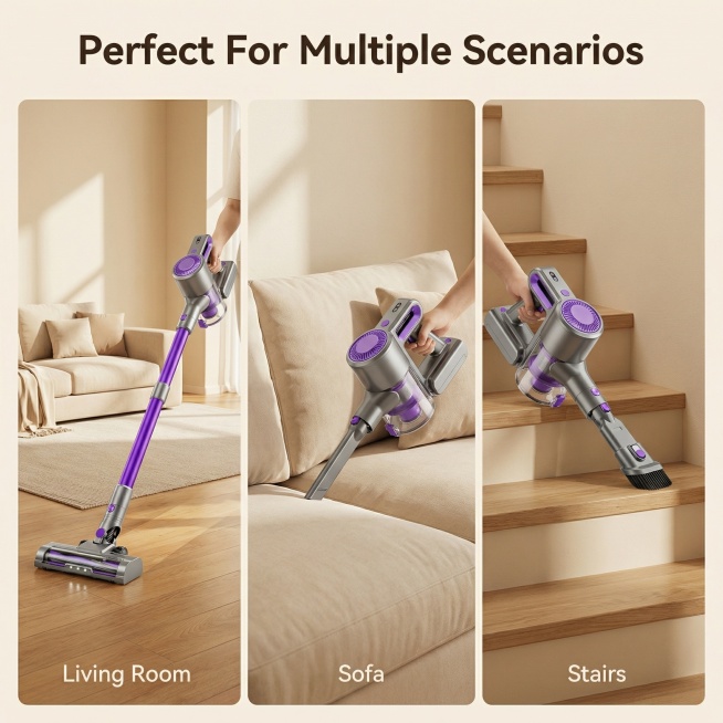 [参考风格] 舒适简约家居治愈
[主图 6] Multi-scene Adaptability Vacuum Cleaner
[氛围风格] 温馨舒适生活感，统一暖光
[画面元素] 三宫格拼图展示，分别预览效果