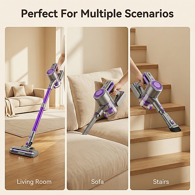 [参考风格] 舒适简约家居治愈
[主图 6] Multi-scene Adaptability Vacuum Cleaner
[氛围风格] 温馨舒适生活感，统一暖光
[画面元素] 三宫格拼图展示，分别展示吸尘器清洁客厅地板、沙发缝隙、楼梯台阶三个不同场景，同一个吸尘器，同一个风格家居环境，体现多场景适用性，所有场景保持一致的暖调自然光
[配色色系] 统一暖米色调，产品紫灰色保持一致
[文字版式] 主标题 "Perfect For Multiple Scenarios" 顶部居中悬浮，粗体无衬线；每个小图角落标注对应场景名称 "Living Room" "Sofa" "Stairs"，浅色小字不遮挡画面
[分辨率] 2k 分辨率