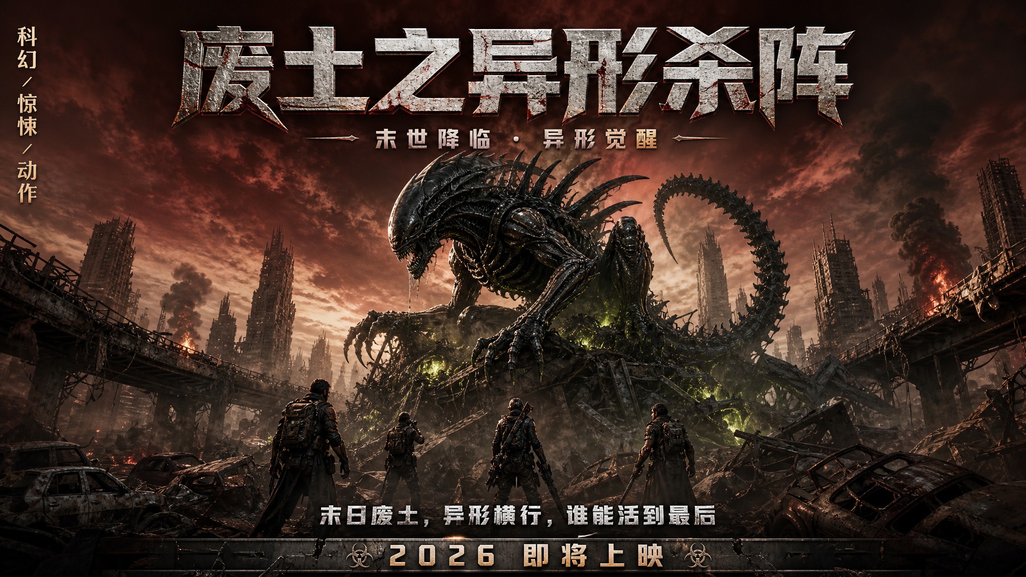 电影海报，横屏16:9，主题为「废土之异形杀阵」。画面中央是一… - 图片创意预览