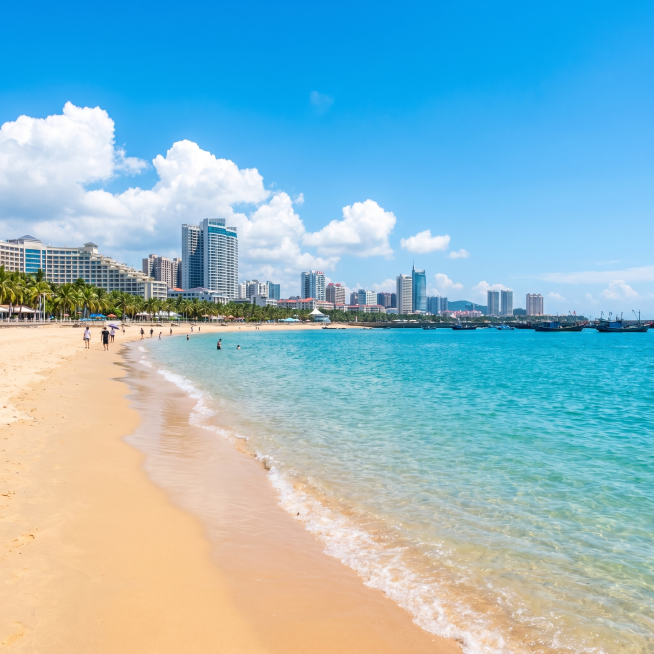 广西北海的城市风景，美丽的海滨风光，清澈的海水，细腻的沙滩，蓝天白云，清新自然的氛围预览效果