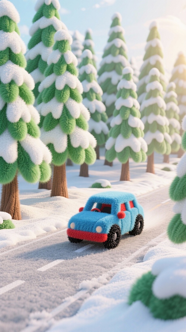 一片冬日森林场景，森林里有大量高大、呈塔形且叶片翠绿的树木，上面铺满厚厚的雪。在森林之中的马路上有一辆车辆缓慢开过