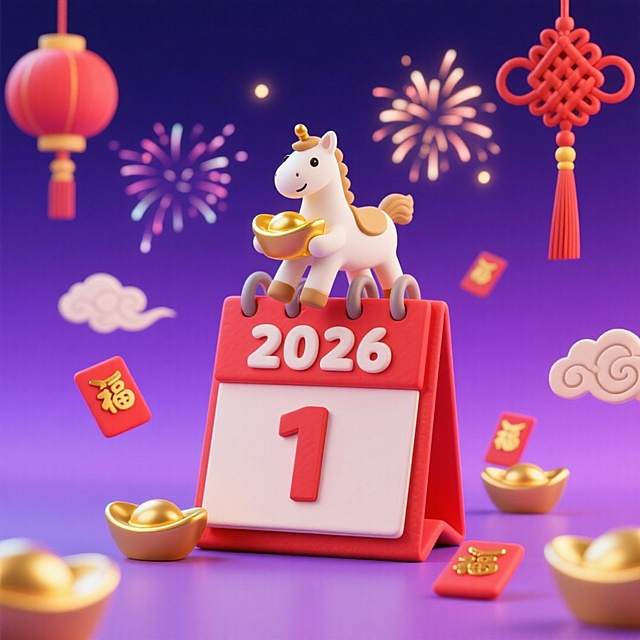 画面中心是带 “2026” 字样在上方，“1” 在下方的红色台历，台历上方坐着持金元宝的白色小马，背景为深紫渐变夜空（点缀烟花），周围环绕金元宝、小红包、烫金福字挂饰、祥云纹中国结。