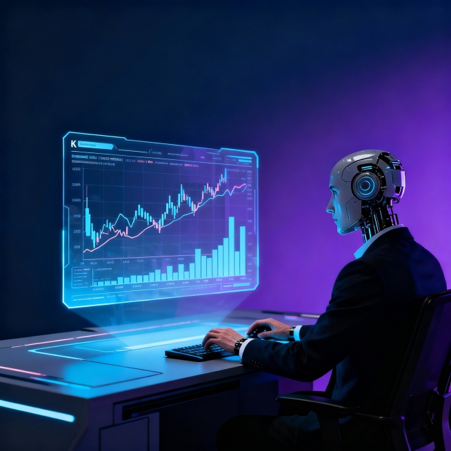 Trader assisted by AI trading interface, floating transparent data panels, crypto market charts, dar预览效果