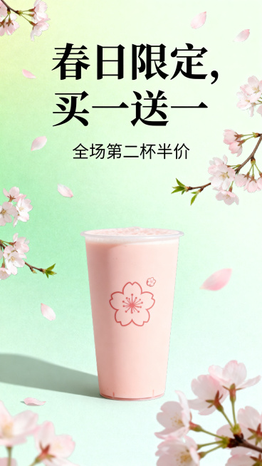 春日奶茶店促销海报，清新治愈风格，淡绿色搭配浅粉色配色，画面添加樱花元素，简约排版，主标题文字“春日限定，买一送一”，副标题文字“全场第二杯半价”，高清商用，奶茶饮品海报设计预览效果