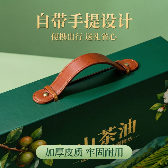 [主图 2] 山茶油礼盒手提设计细节展示
[氛围/风格]：简约品质风，自然光下清晰细节展示
[画面元素]：特写展示礼盒自带的手提带，保留原图棕色皮质手提设计，突出做工精致、固定牢固，背景保持浅绿色简约预览效果
