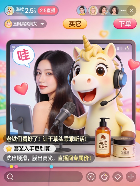 直播海报，2.5D童趣+真人真实美女结合，镜头前拟人化的可爱奶油色小马，半身照，戴着耳麦，正在屏幕前做直播，表情生动夸张，喊麦“老铁们看好了！让干草头乖乖听话！”。它身后是一位特写的侧脸美女，展示着健预览效果