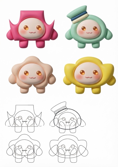 基于原图，保留四个IP角色的造型和颜色，优化设计，让形象变得更加精致高级，更加软萌可爱，提升质感，保持布局不变预览效果