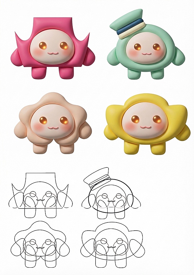 基于原图，保留四个IP角色的造型和颜色，优化设计，让形象变得更加精致高级，更加软萌可爱，提升质感，保持布局不变