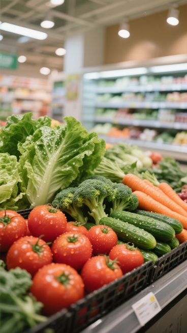 在明亮整洁的现代化超市生鲜区，货架上摆满了新鲜饱满的各色蔬菜，水珠晶莹地挂在翠绿的生菜叶、鲜红的西红柿和橙色的胡萝卜上，西兰花与黄瓜错落摆放，背景是柔和的灯光与整齐的商品陈列，整体呈现出清新、鲜活、充满生活气息的日常超市氛围，色彩以蔬果自然色泽为主，搭配超市环境的柔和中性色调，营造出干净、健康、琳琅满目的视觉感受。预览效果