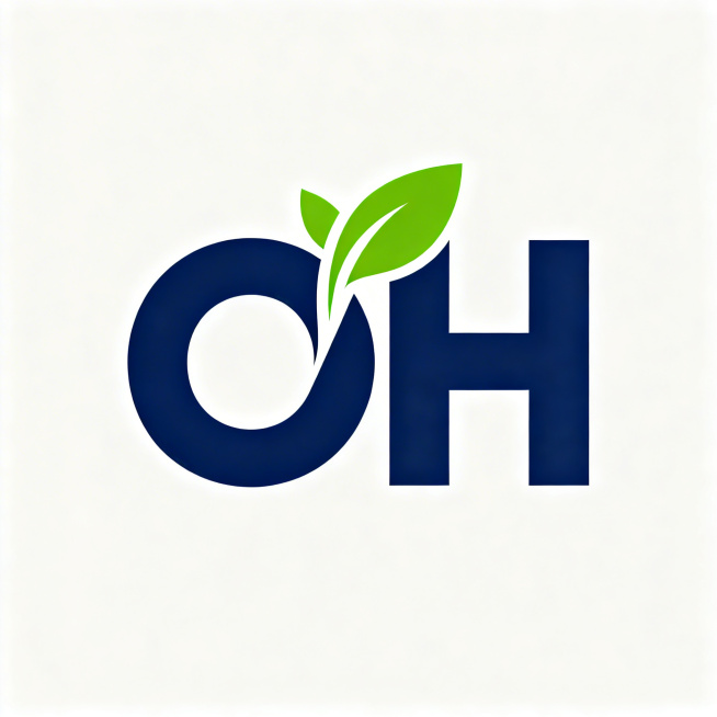 极简扁平化字母组合Logo设计，字母组合O和H，O和H通过布尔运算共用笔画，组合成一个统一的图形。字母O的上部处理成抽象的生机勃勃叶片造型，整体线条硬朗现代。主色调为深蓝色，点缀活力绿色，体现跨境贸易预览效果