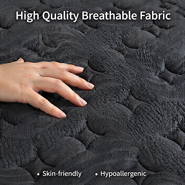 [主图-3] Close-up detail of knitted fabric surface. Extreme macro shot to show the texture of the dark gray wave patterned knit fabric of the mattress from the input image, retain the original color and pattern. A hand gently touching the surface to highlight the soft breathable texture. Title at top 'High Quality Breathable Fabric', two bullet points at bottom: '• Skin-friendly • Hypoallergenic'. All content in English. 1:1 square, commercial macro photography, 2K high definition, clear texture, no Chinese characters.